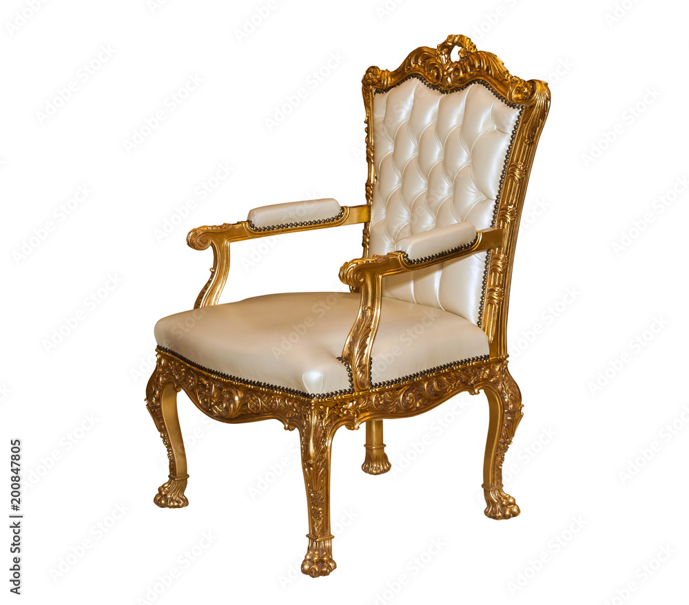 Luxury golden wooden chair with beige leather. Antique armchair isolated on  white background Stock Photo | Adobe Stock