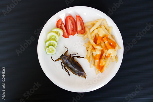 Fried Giant Water Bug - Lethocerus indicus with french fries and vegetable on a plate. photo