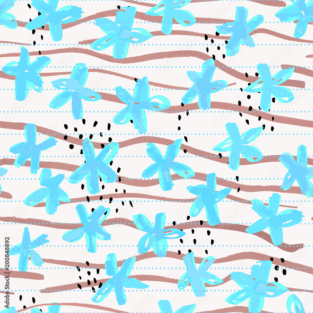 Fototapeta premium Marker flowers, dashes and stripes vector seamless pattern. Floral background in primitive, childish doodle style.