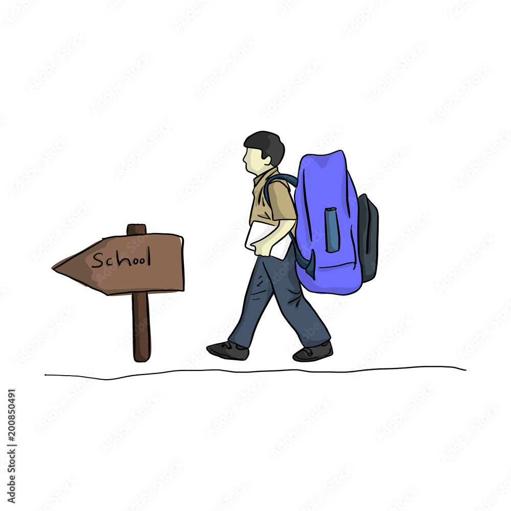 male student boy with very big school bag and wooden sign vector ...