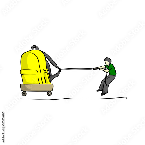 male student boy trying to drag yellow big school bag to school vector illustration sketch hand drawn with black lines isolated on white background