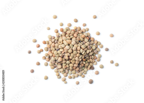 Pile of green lentil isolated on white, Top view.