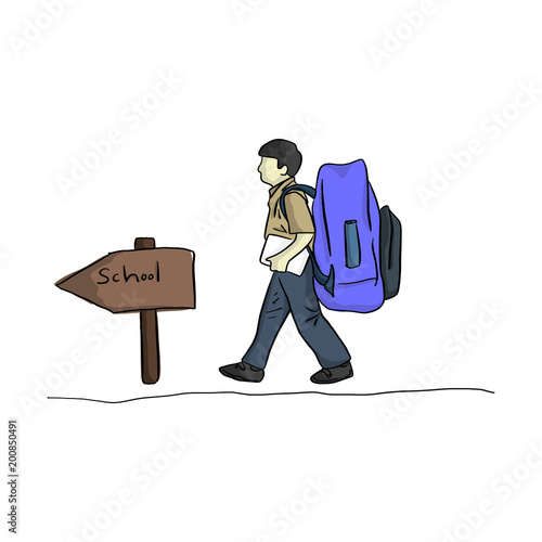 male student boy with very big school bag and wooden sign vector illustration sketch hand drawn with black lines isolated on white background