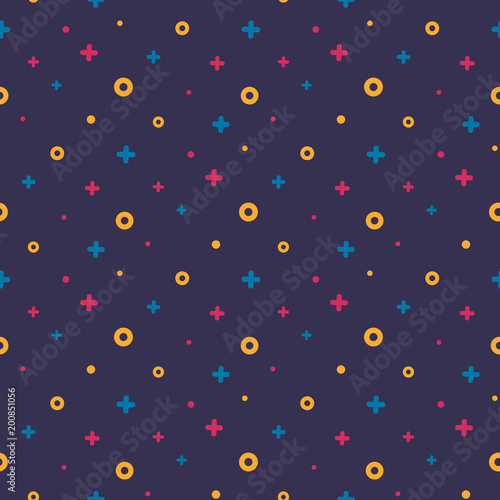 Geometric memphis retro seamless pattern 80s - 90s style. Trendy texture with color funky shapes on violet background. Vector illustration in memphis pop art style for fabric print or poster template