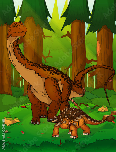 Diplodocus and ankylosaurus on the background of forest