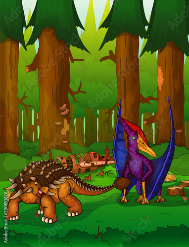 Pteranodon and ankylosaurus on the background of a forest.