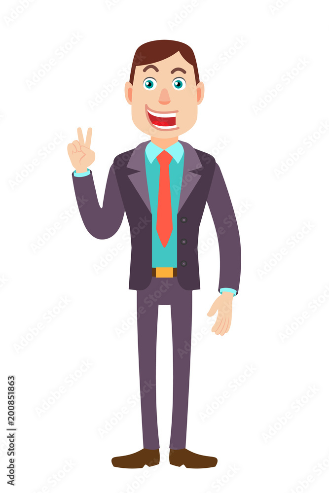 Victory! Businessman showing victory sign. Two fingers up Victory! Businessman showing victory sign. Two fingers up