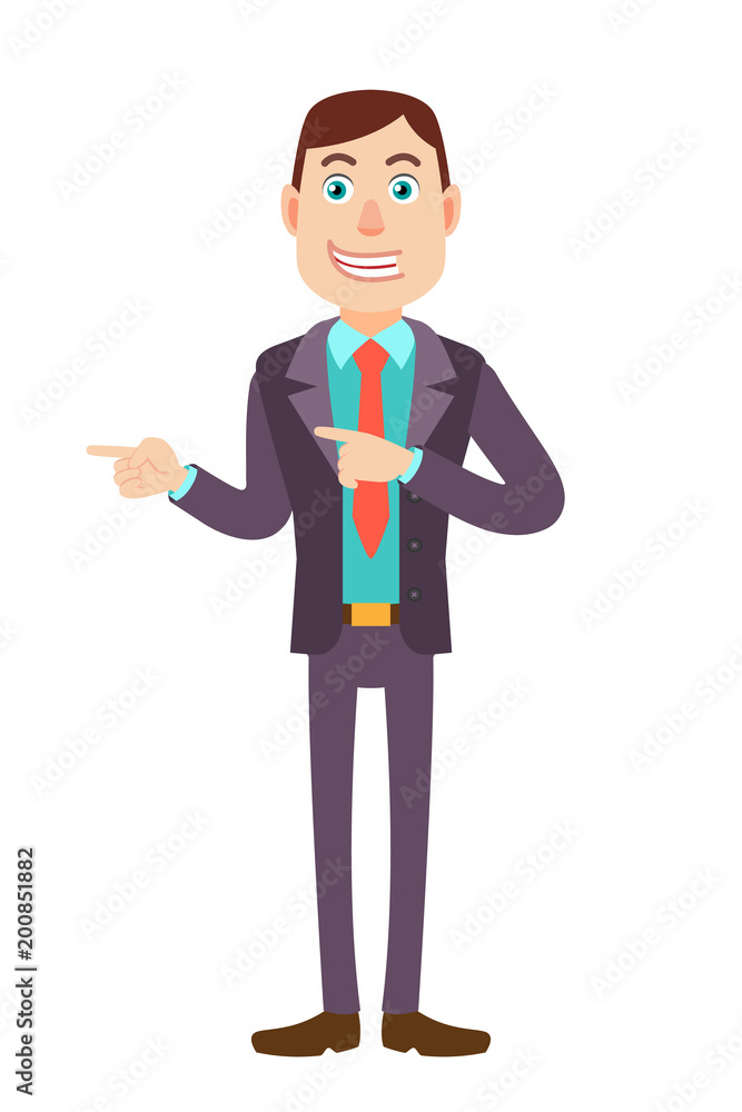 Businessman pointing something beside of him Businessman pointing something beside of him
