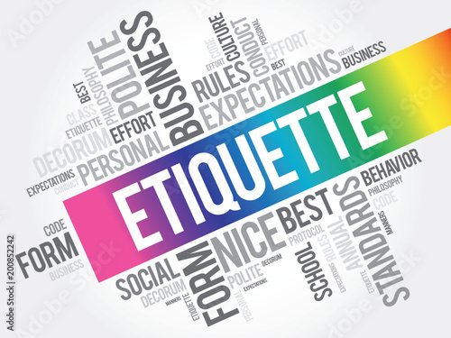 Etiquette word cloud collage, social business concept on blackboard