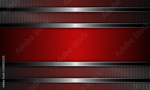 Geometric background with metal grille and rectangular red grooved frame.