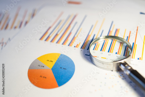 Different types of graphs and charts (cake, histogram, lines) printed on paper for analysis with a magnifier glass