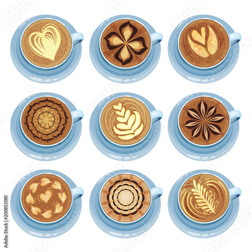 Cups of coffee set, drawings on coffee crema, top view vector Illustrations on a white background