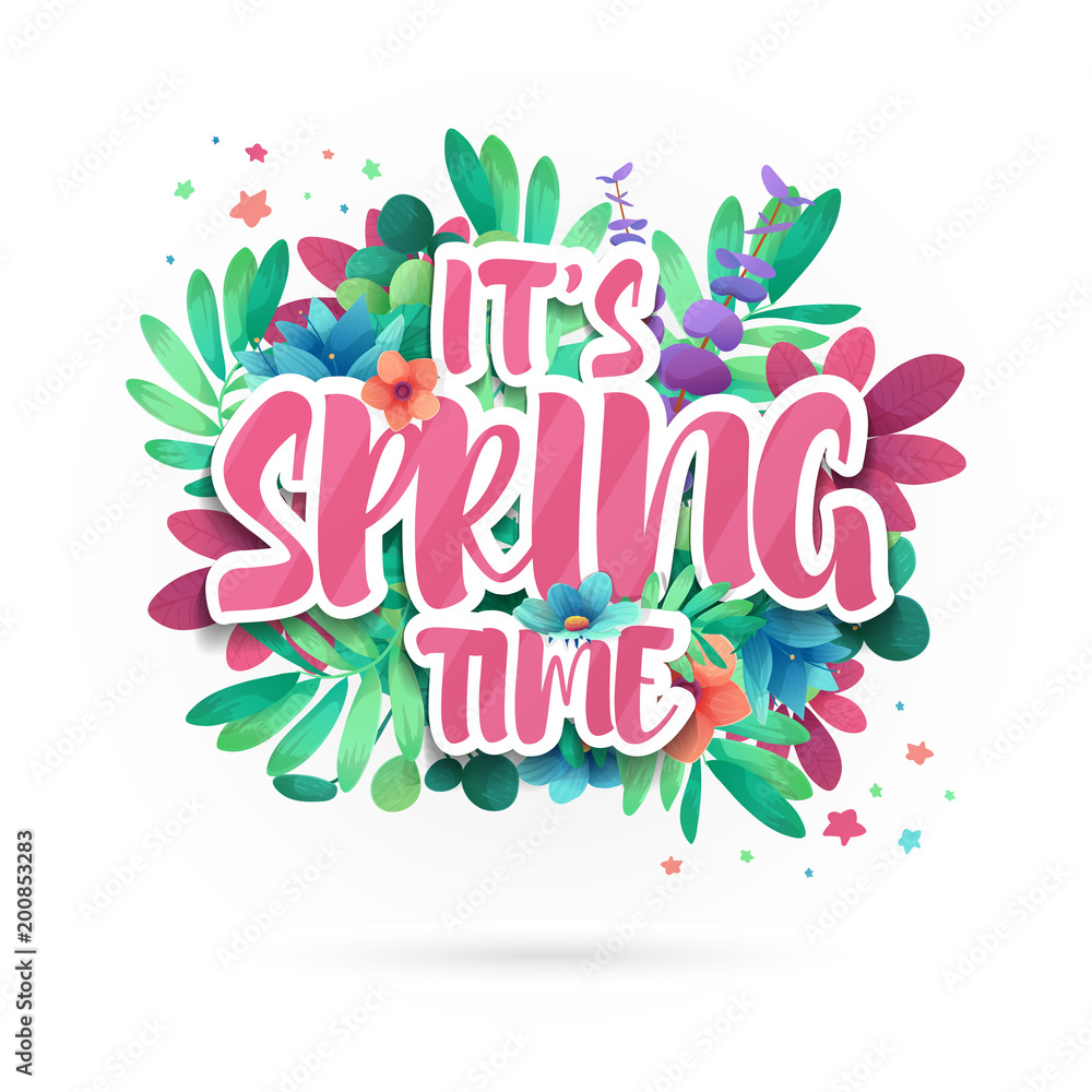Fototapeta premium Design symbol it's spring time. Banner with flower and leaf for spring promotion and sale. Nature floral decoration layout template. Vector