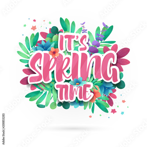 Design symbol it's spring time. Banner with flower and leaf for spring promotion and sale. Nature floral decoration layout template. Vector