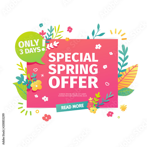 Template design horizontal web banner for spring offer. Advertising poster with a decor of flowers and leaves frame. Badge for the spring sale in a flat style.  Vector