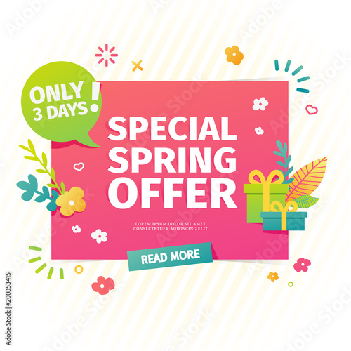 Template design horizontal web banner for spring offer. Advertising poster with a decor of flowers and leaves frame. Badge for the spring sale in a flat style.  Vector