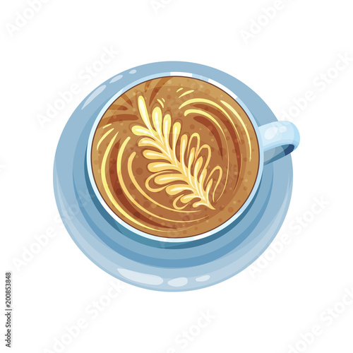 Cappuccino or latte cup with floral ornament design on top, drawings on coffee crema vector Illustration on a white background