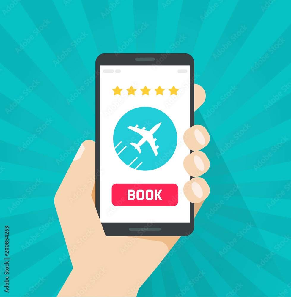 Flight tickets online from smartphone vector illustration, flat cartoon mobile phone with plane and book button, cellphone internet airplane tickets order Flight tickets online from smartphone vector illustration, flat cartoon mobile phone with plane and book button, cellphone internet airplane tickets order