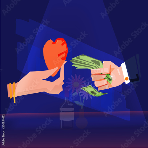 Women hand holdung heart of love to exchange Banknote from other. Dating Men With Money. love profit cocnept - vector