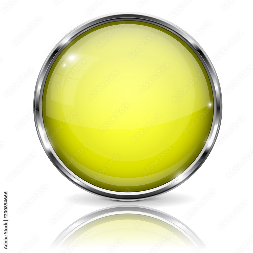 Glass yellow button. Round 3d button with metal frame. With reflection on white background Glass yellow button. Round 3d button with metal frame. With reflection on white background
