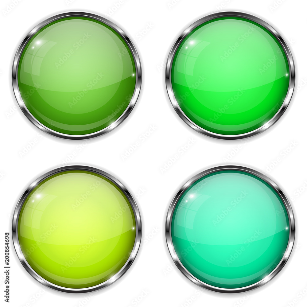 Glass buttons. Green and yellow round 3d buttons with chrome frame Glass buttons. Green and yellow round 3d buttons with chrome frame