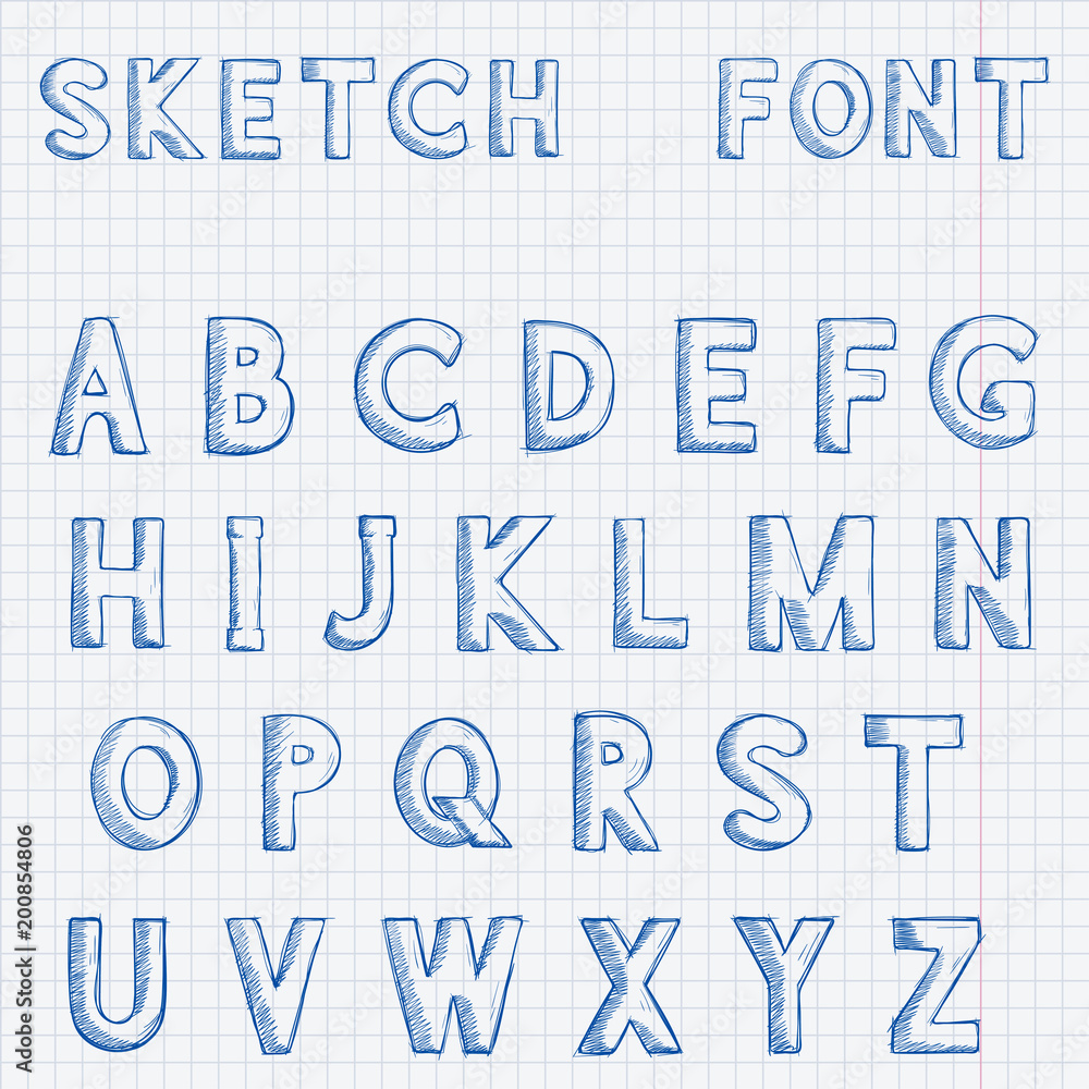 Font. Alphabet letters. Blue hand drawn sketch on lined paper background Font. Alphabet letters. Blue hand drawn sketch on lined paper background