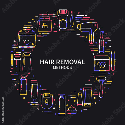 Circle frame with hair removal methods symbols in line style. Shaving sugaring laser waxing epilation depilation tweezing concept theme. Unique hair removal methods round print. Elements, icons.