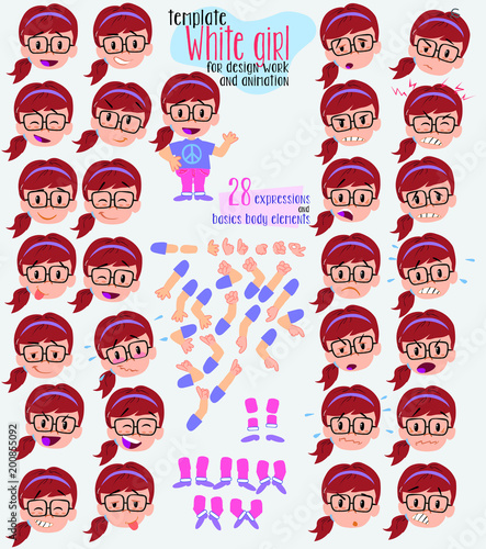 White girl with glasses. Twenty eight expressions and basics body elements, template for design work and animation. Vector illustration to Isolated and funny cartoon character.