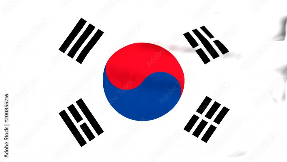 The waving flag of South Korea opens up the view to the position of South Korea on a colored world map The waving flag of South Korea opens up the view to the position of South Korea on a colored world map