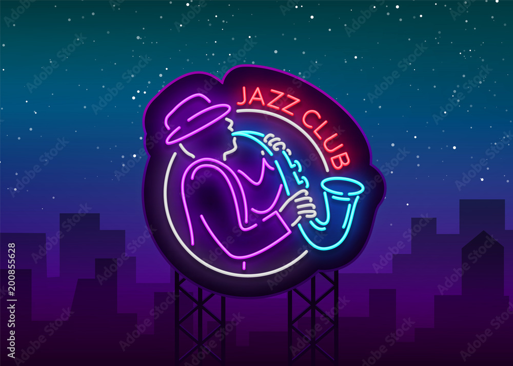 Plakat Jazz Club Neon Vector. Neon sign, Logo, Brilliant Banner, Bright Night Advertising for your projects on Jazz Music. Live music