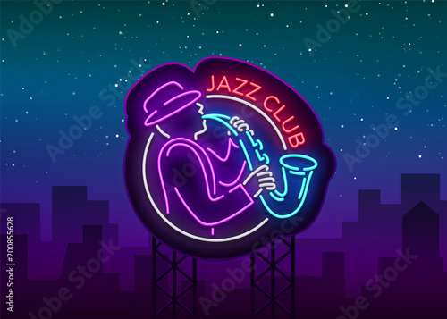 Jazz Club Neon Vector. Neon sign, Logo, Brilliant Banner, Bright Night Advertising for your projects on Jazz Music. Live music