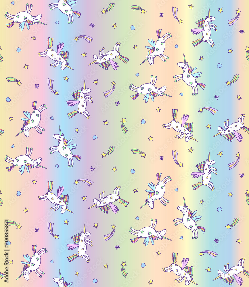 Vector illustration of seamless pattern from unicorns on pastel rainbow ...