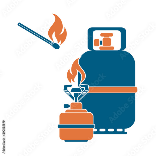 Camping stove with gas bottle icon vector