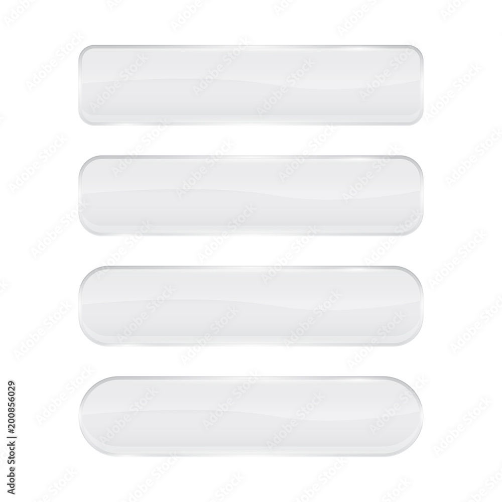 Fototapeta premium White glass buttons. Shiny rectangle and oval 3d icons with reflection