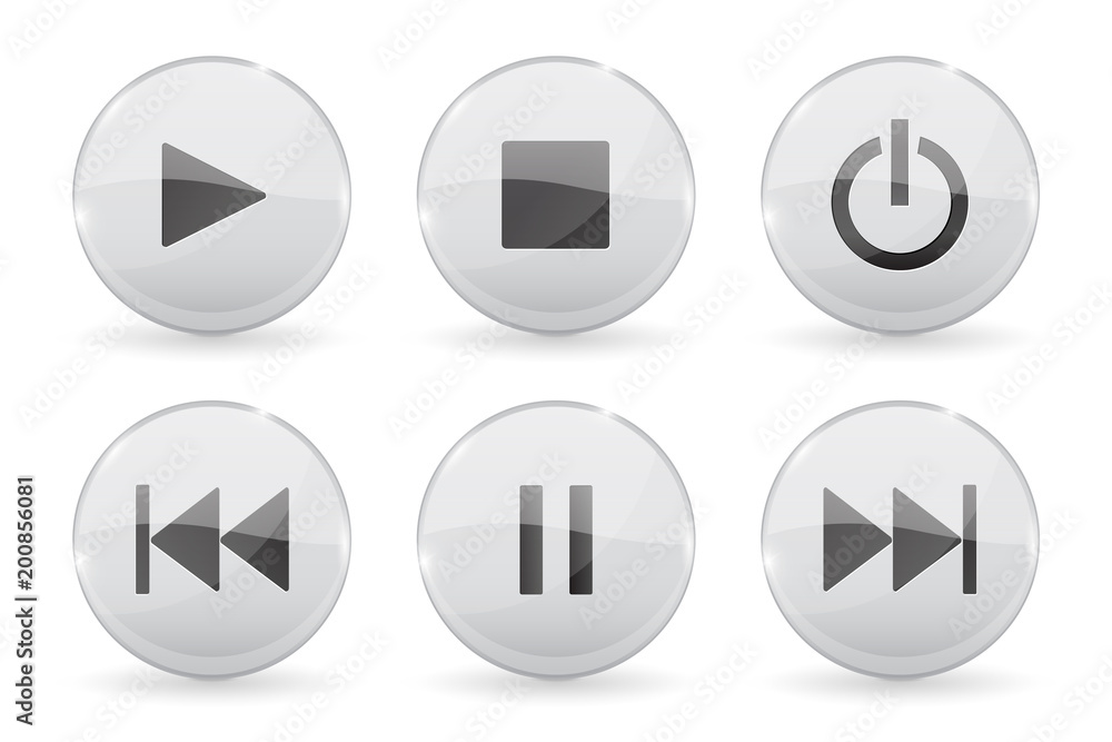 Media glass buttons. White audio or video shiny 3d icons Media glass buttons. White audio or video shiny 3d icons