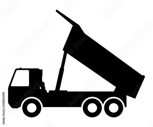 Silhouette of a dump truck on white background.