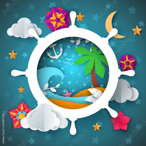Island illustration. Cartoon paper landscape. Palm, sea, water, anchor moon flower Vector eps 10