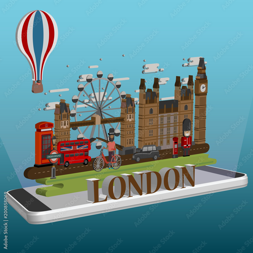 isometric London city on mobile . London infographic tourist sights of Great Britain,Travel to London 3d isometric.