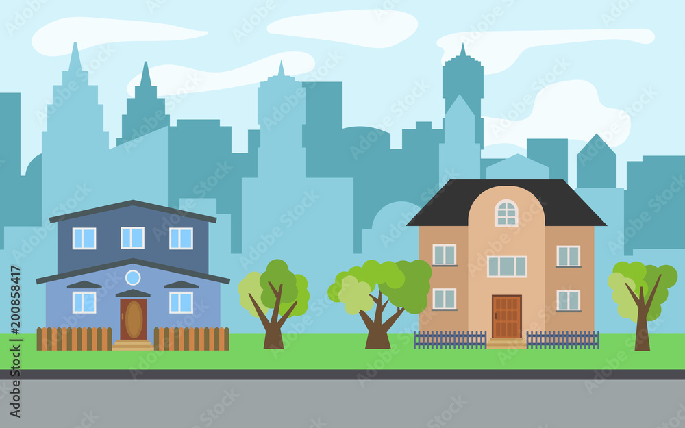 Vector city with two two-story cartoon houses and green trees in the sunny day. Summer urban landscape. Street view with cityscape on a background
