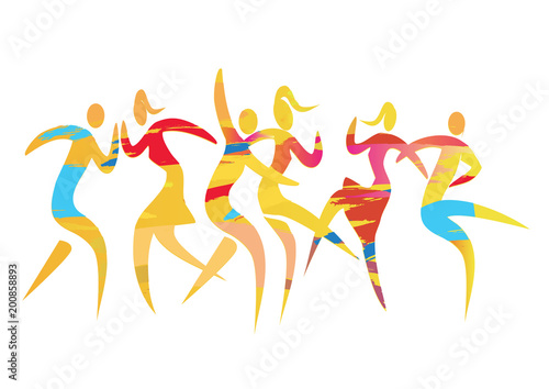 Dancing couples disco party. Expressive colorful illustration of three disco dancing couples. Vector available.