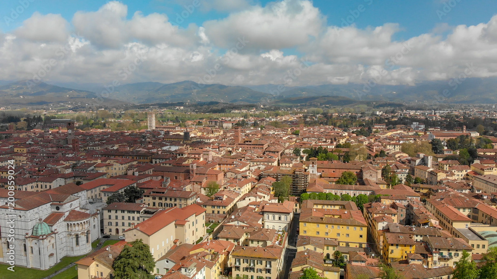 Panoramic aerial view of Lucca, ancient town of Tuscany