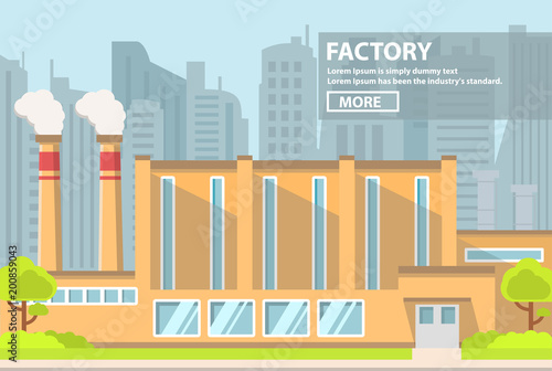 Industrial factory flat vector. Smoke pipes.industrial building concept.Eco style factory.City landscape.Plant building.