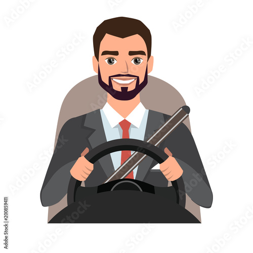 businessman driving a car. man clothing in official suit