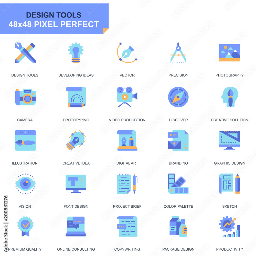 Simple Set Design Tools Flat Icons for Website and Mobile Apps. Contains such Icons as Creative, Developing, Precision, Vision, Sketch. 48x48 Pixel Perfect. Editable Stroke. Vector illustration.