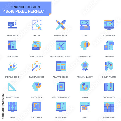 Simple Set Web and Graphic Design Flat Icons for Website and Mobile Apps. Contains such Icons as Studio, Tools, App Development, Retouching. 48x48 Pixel Perfect. Editable Stroke. Vector illustration.