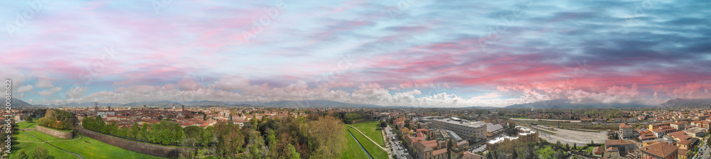 Lucca at sunset, Tuscany. Panoramic aerial view in Spring