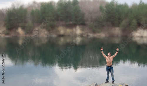 relax union with nature man nature training fitness body lake reflection