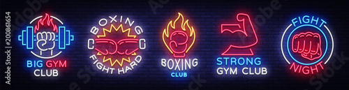 Collection neon signs for sports. Set neon logos emblems for Sports, design template symbols Boxing, Fitness Club, Fight Club, Gum club, Sport club. Neon signboard. Vector Illustration