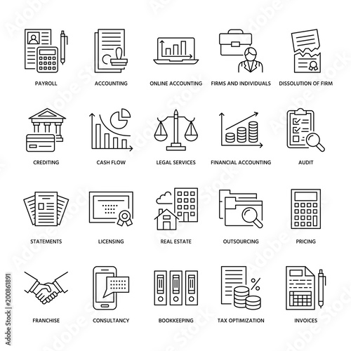 Financial accounting flat line icons. Bookkeeping, tax optimization, firm dissolution, accountant outsourcing, payroll, real estate crediting. Accountancy finance thin linear signs for legal services.