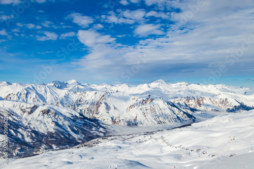 Picturesque view snowy mountain peaks panorama, Les Menuires ,Alps, France, ski slopes in 3 Valleys © umike_foto